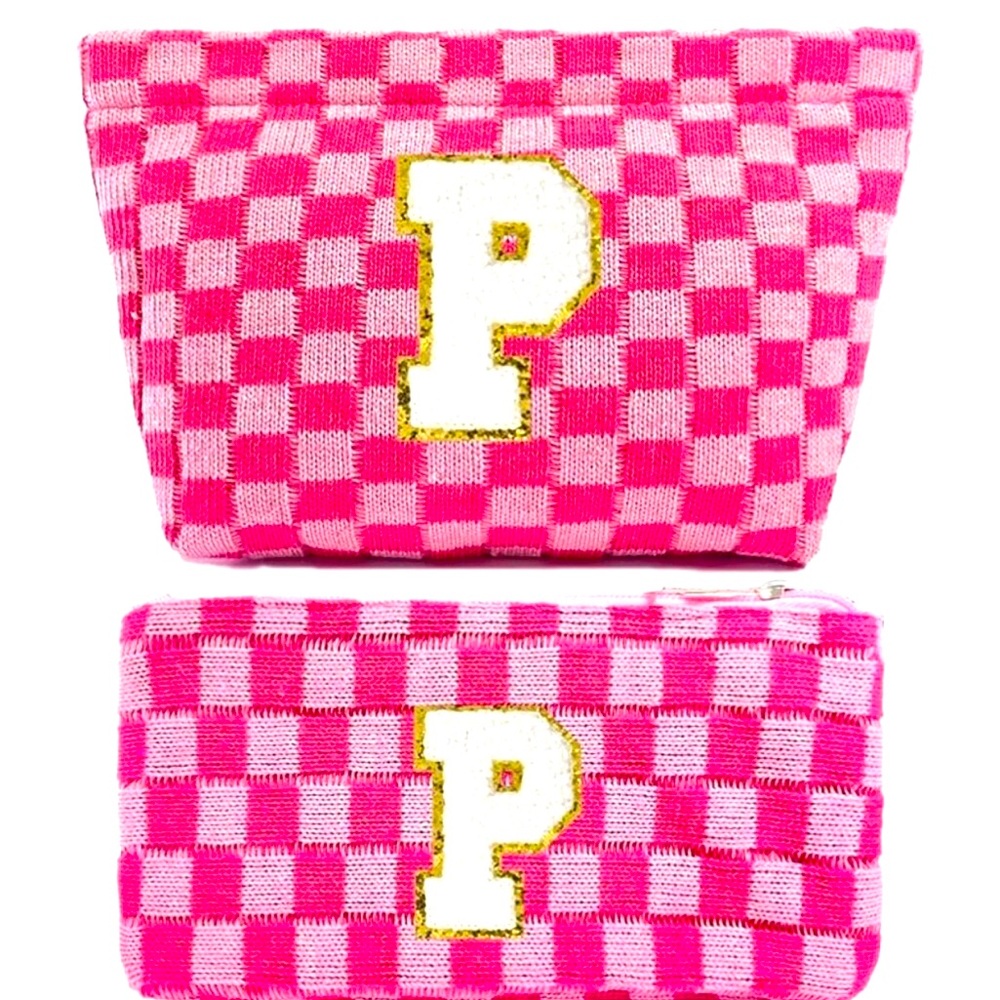 Pink Checkered Cosmetic Bag Set “P” Monogram